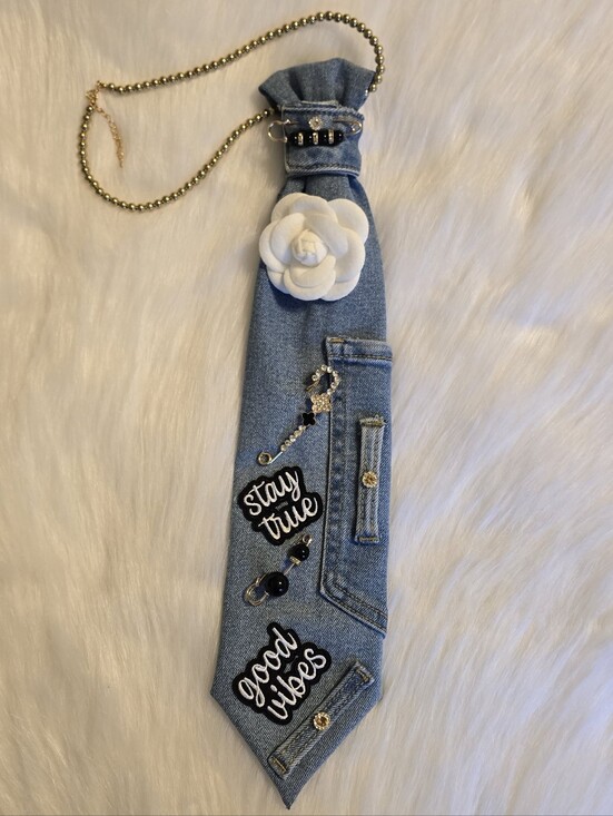 Accessories - Denim Neck Tie Necklace with White Camellia & Gold Chain
